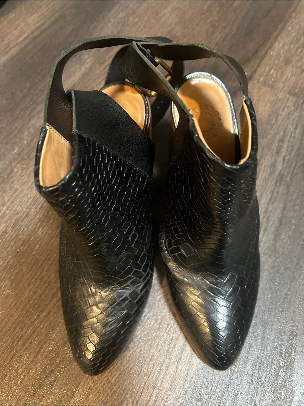 BUTTERO Pointed Black Faux-Snakeskin Slingback Mules